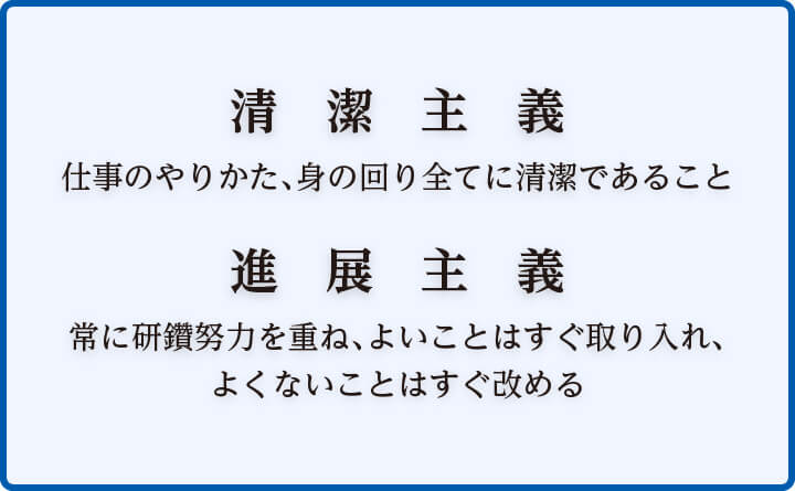 清潔主義 仕事のやりかた、身の回り全てに清潔であること 進展主義 常に研鑽努力を重ね、よいことはすぐ取り入れ、よくないことはすぐ改める